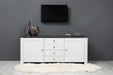 Living room interior with plasma TV on color wall. Space for design