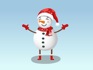 Cute Funny Snowman isolated on blue background.  Merry Christmas and happy new year. decorative element on holiday. Vector illustration.