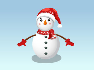 Cute Funny Snowman isolated on blue background.  Merry Christmas and happy new year. decorative element on holiday. Vector illustration.