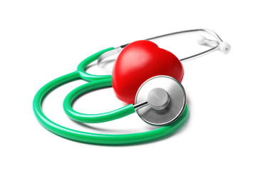 Stethoscope for checking pulse and red heart on white background