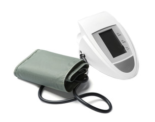 Modern digital sphygmomanometer for measuring blood pressure and checking pulse on white background