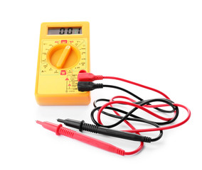 Digital multimeter on white background. Electrician's tool