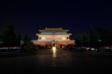 Night view of the Shenwu Gate Tower in the Forbidden City, Beijing, China