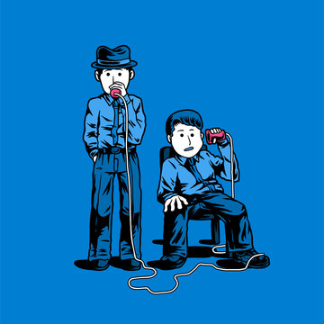 Two detectives talking through cups illustration