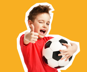 Magazine style collage of sport boy kid player hold soccer ball celebrating show thumbs up happy smiling laughing