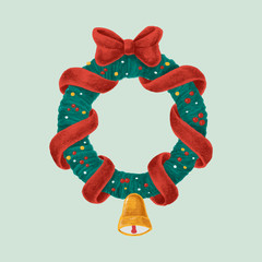 Hand drawn Christmas wreath with red bow and bell