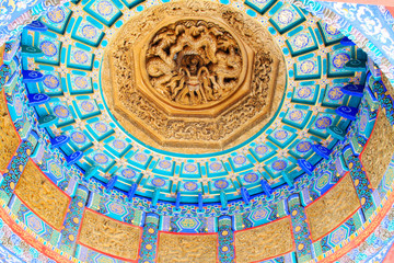 Fototapeta na wymiar Elegant color wooden sculpture on ceiling，Beihai Park，Beijing, China
