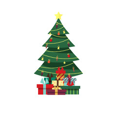 Decorated christmas tree with gift boxes, lights, decoration balls and lamps. Merry Christmas and a happy new year. Vector illustration in flat and cartoon style