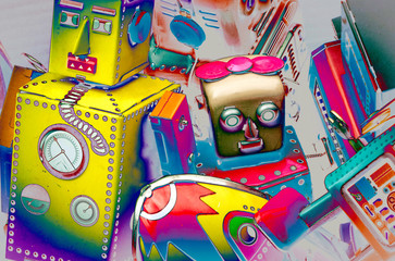 surrealistic robots toys  close up