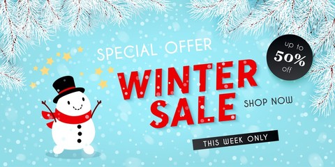 Winter sale, seasonal horizontal banner with snowman, snowfall, snow, vector