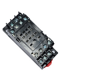 Electrical auxiliary relay in transparent plastic cases and black socket on white background