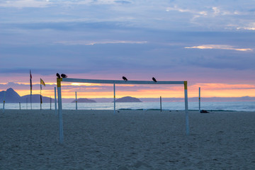 shore of Copacabana beach at sunrise with birds on top of soccer goal