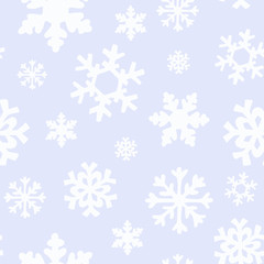 Winter Christmas pattern with white and silver silhouettes of snowflakes, berries, leaves, branches, snowman, trees. Texture for new year wallpapers, scrapbook, invitations, packaging, textiles, fabri
