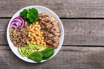 Buddha bowl with broccoli , quinoa , grilled chicken , avocado and spinach
