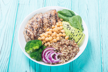 Buddha bowl with broccoli , quinoa , grilled chicken , avocado and spinach