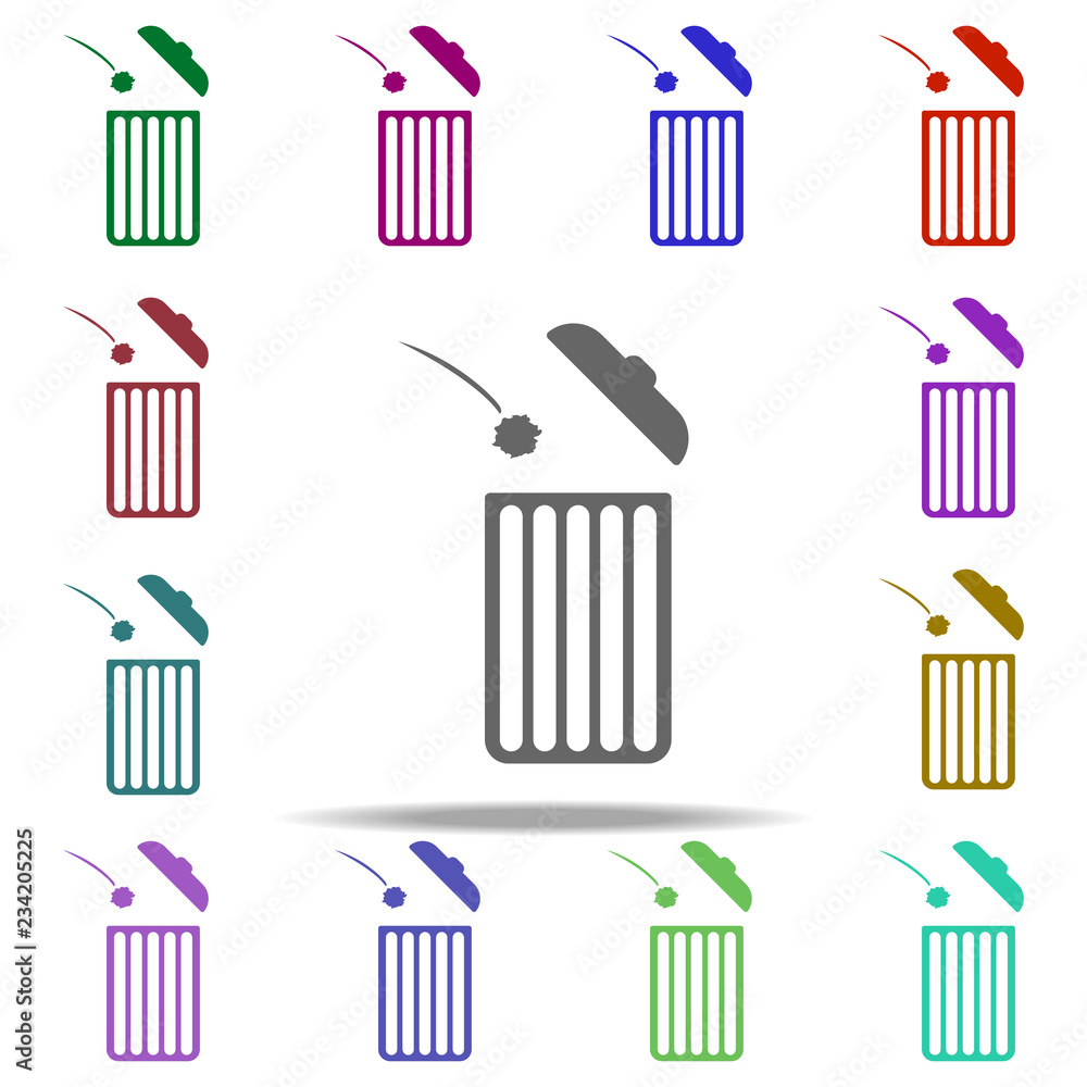 Poster throw garbage in the trash can icon. elements of university life in multi color style icons. simple 
