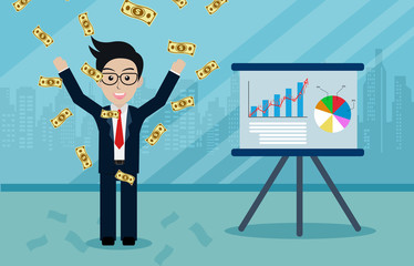 Business and finance success concept happy businessman under money rain banknotes cash falling on blue background. presenting a report infographics on the office chart board. Vector illustration