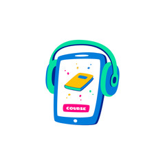 Learning languages concept. Language classes. On the phone, the choice of language online. With headphones you can listen.