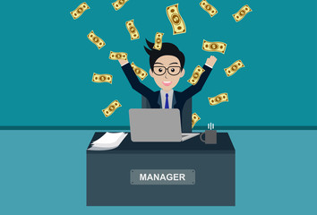 Business and financia success concept happy businessman. lot of money has come down. manager in worker in office sit at the desk with notebook. workspace with table and computer. vector illustration