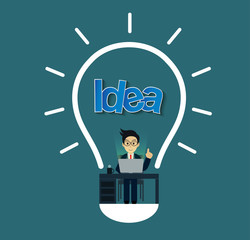 creative idea concept. businessman in workspace sit at the desks with notebook with lightbulb decoration over his head one person. leadership. icon cartoon vector illustration