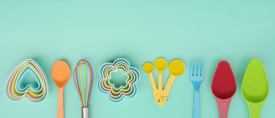 close up of baking utensils tools and cooking concept for background