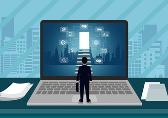 Laptop screen view of a businessman standing in front of the screen. walk up the stair to the door. step up the ladder to success goal in life and progress in the job. business finance concept.
