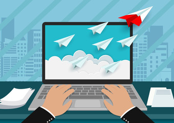 point of view hand typing modern keyboard on notebook. paper airplane red and white are competition ejected from the computer screen. creative idea. business finance concept. cartoon vector