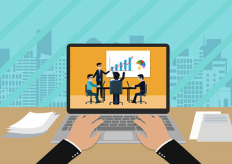 teamwork business meeting concept. businessmen help to brainstorm modern idea and to achieve success and rise. hand typing white modern keyboard on notebook. business finance concept. cartoon vector