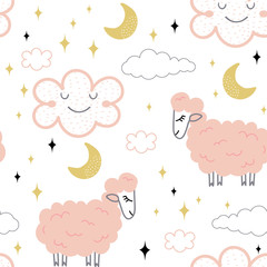 Seamless pattern with cute sheep, clouds, stars and moon. Sweet dreams good night background. Creative lamb cartoon. Childish animal character texture. Vector Illustration good for kids apparel
