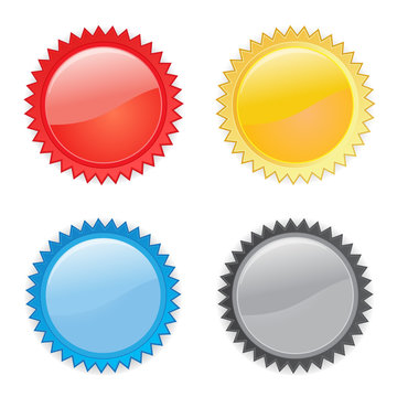 4 starburst, bursts / labels in red, yellow, blue and black flat vector icons on white background