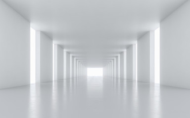 Illuminated corridor interior design. 3D rendering.