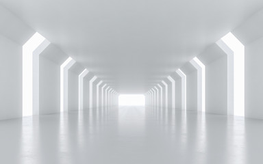Illuminated corridor interior design. 3D rendering.
