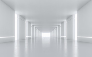 Illuminated corridor interior design. 3D rendering.