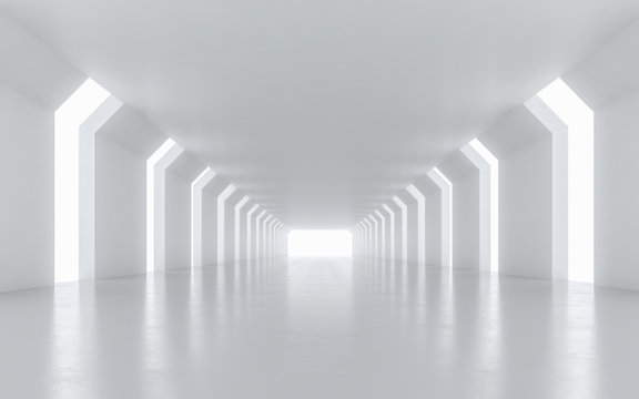 Illuminated corridor interior design. 3D rendering.