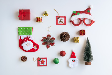 Christmas gifts, ornaments and decorations collection on white background, Flat lay, Top view