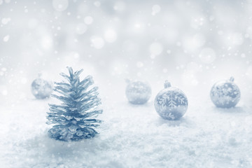 Christmas festival concepts ideas with ornament and silver pine cone and snow