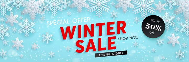 Winter sale, blue banner with decorative 3d snowflakes, vector illustration
