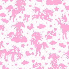 Obraz na płótnie Canvas Seamless pattern with funny cartoon unicorns, hearts and stars , pink silhouette icons on white polka dot background
