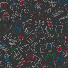 Seamless pattern on theme of food and breakfast , simple contour icons,painted with colored chalks on the dark school Board