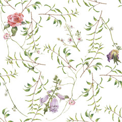 Watercolor painting of leaf and flowers, seamless pattern on white background