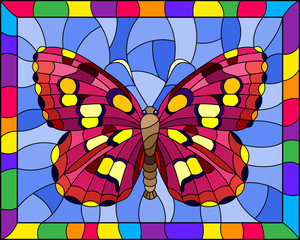 Illustration in stained glass style with bright pink hawk moth on a blue background in a bright frame