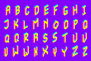 bold colorful isometric pixel 3d font. modern bright uppercase geometric alphabet letters set. stock vector illustration clipart