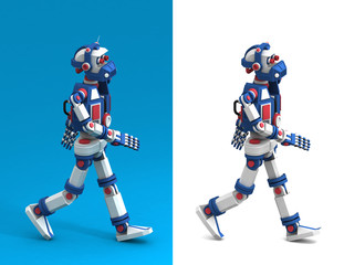 Funny humanoid multicolored robot is walking - side view.
