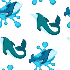 Fototapeta premium Ocean water and dolphin animals seamless pattern vector.