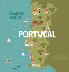 Naklejka premium Illustration map of Portugal with city, landmarks and nature. Editable vector illustration