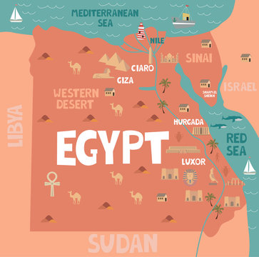 Illustration map of Egypt with city, landmarks and nature. Editable vector illustration