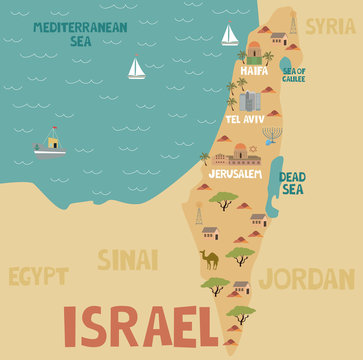 Illustration map of Israel with city, landmarks and nature. Editable vector illustration