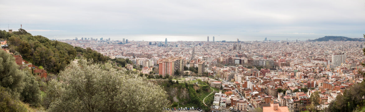 Barcelona Skyline. Top View of Picturesque Barcelona Cityscape in Cloudy Day.
