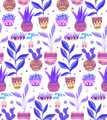 Seamless neon texture with of cartoon home flowers in pots with decorations on white background. Vector pattern for fabrics, wallpapers, backgrounds and your creativity