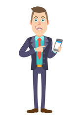 Businessman pointing at mobile phone in his hand